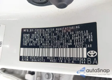 2017 Toyota Corolla Se Special Edition из США, поврежденный, VIN 5YFBURHEXHP581929